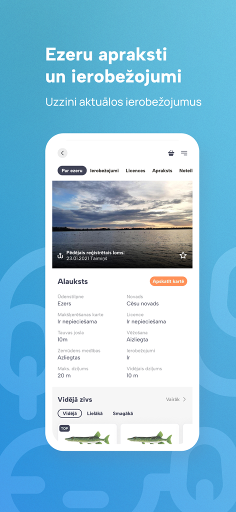 Mana Cope - Mana Cope app screen displaying fishing regulations and lake information for Alauksts lake in Latvia.