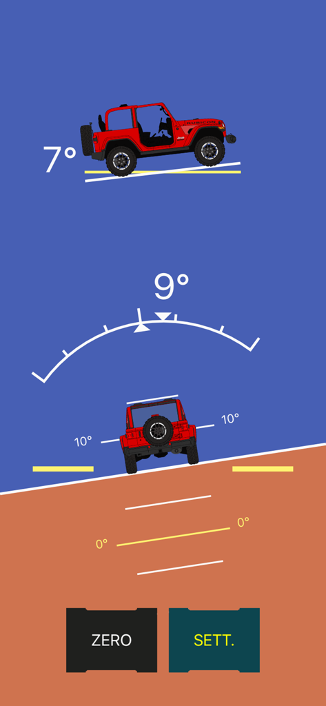 Interface of the Off-Road Inclinometer app displaying pitch and roll angles for a red 4x4 vehicle