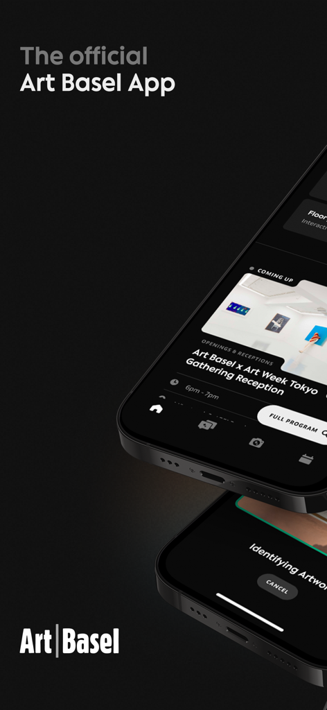 Dois iPhones a exibir a interface da aplicação oficial da Art Basel com agendamento de eventos e funcionalidades de reconhecimento de obras de arte por IA