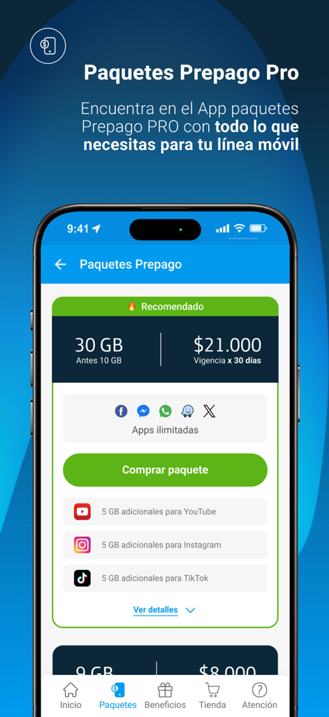 Planes de datos móviles prepago en la aplicación Mi Movistar Colombia.
