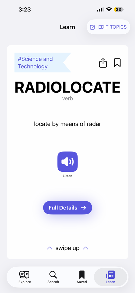 Mobile app screen showing the word definition for radiolocate in the English Dictionary Offline app