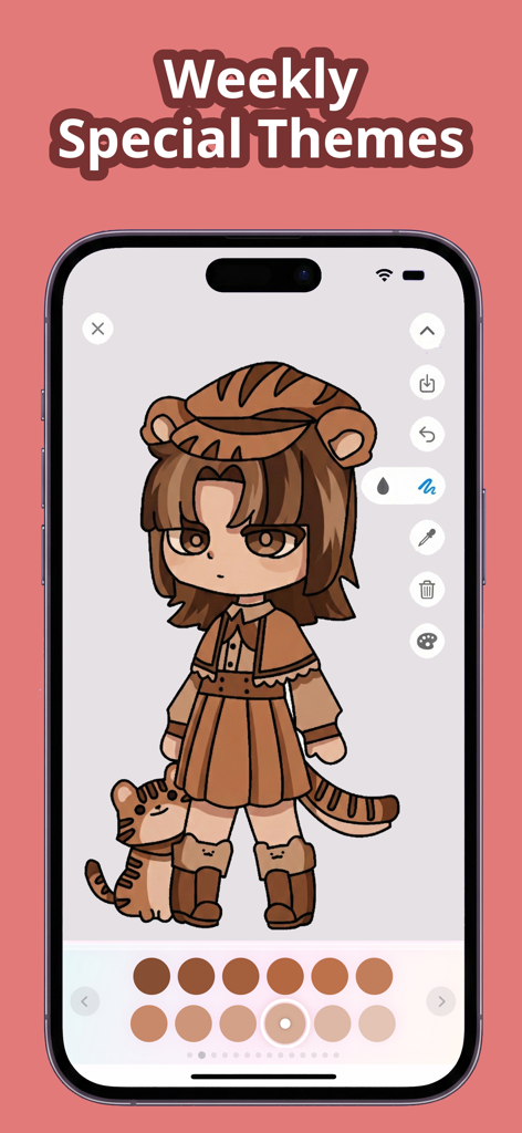 Chibi Coloring Book: Anime Art - A chibi girl character with cat ears being colored in brown tones on a mobile app interface.