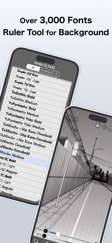 Due iPhone che mostrano le funzionalità di ibis Paint X, inclusa una lista di oltre 3.000 font e uno sfondo di strada cittadina disegnato con uno strumento righello prospettico.