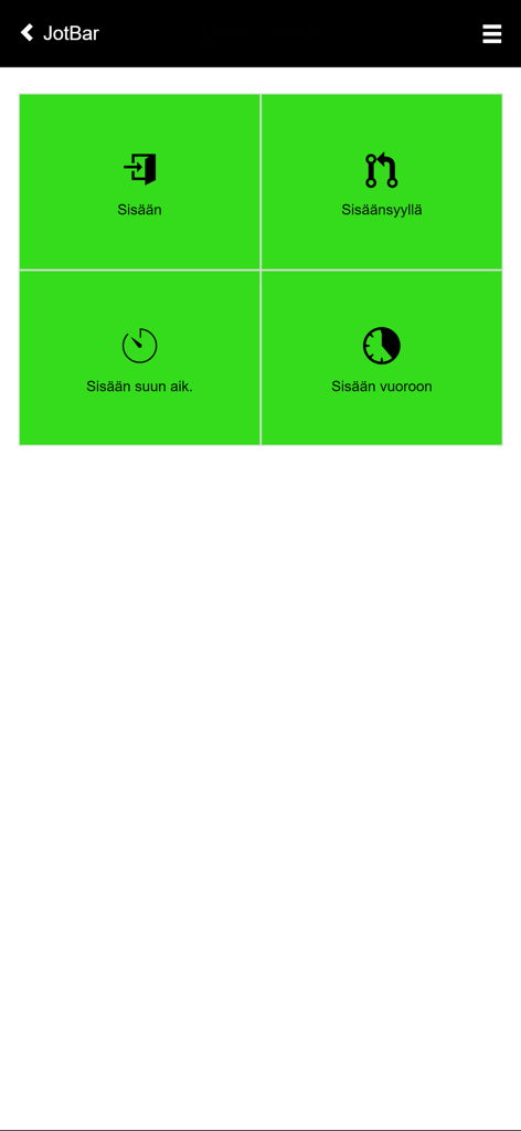 JotBar Mobile Tools - Main interface of JotBar Mobile Tools app featuring a grid of four green buttons for time stamping and shift recording