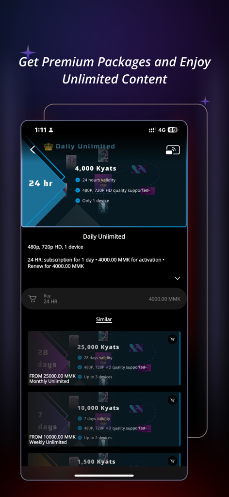SKYNET Myanmar - Subscription plans screen in the SKYNET Myanmar app offering daily weekly and monthly premium packages