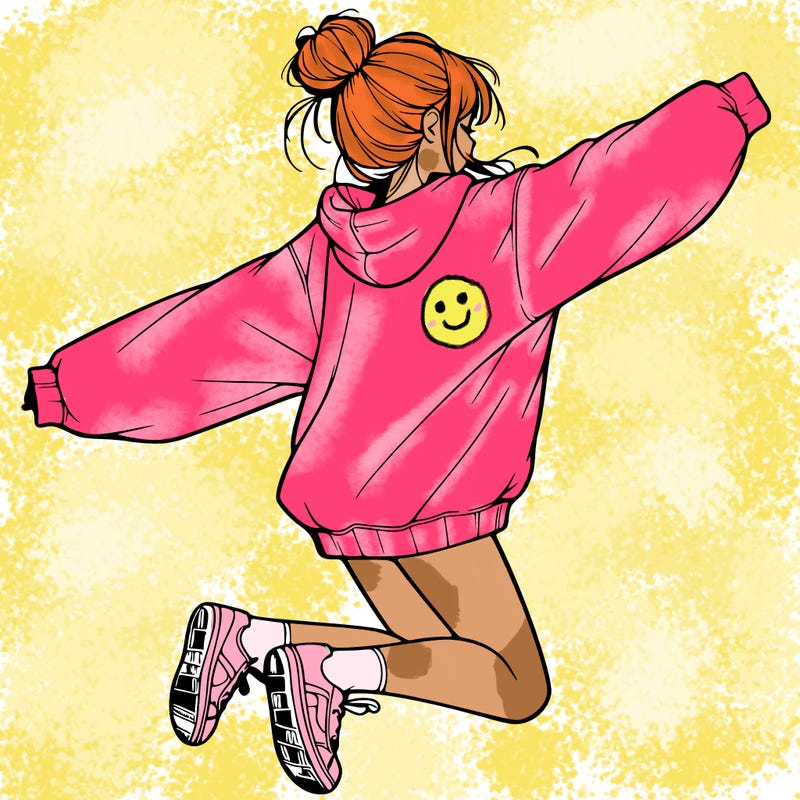 realistic girl jumping with a bun and oversized sweatshirt