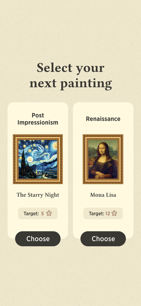 Selection screen in Word Master app allowing players to choose between The Starry Night and Mona Lisa paintings