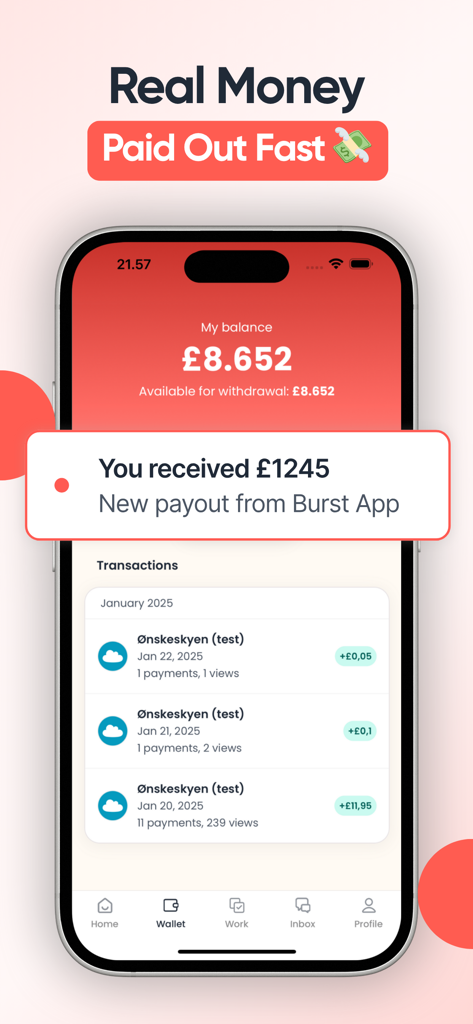 Burst app wallet interface showing balance and payout transactions for social media creators