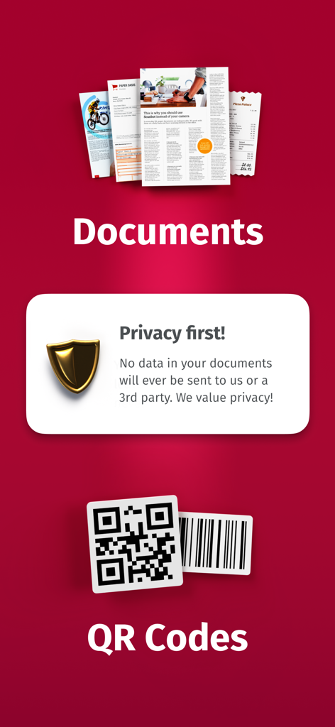 Interface de l'application SwiftScan Pro mettant en avant la numérisation de documents, la prise en charge des codes QR et la sécurité de la confidentialité des données.