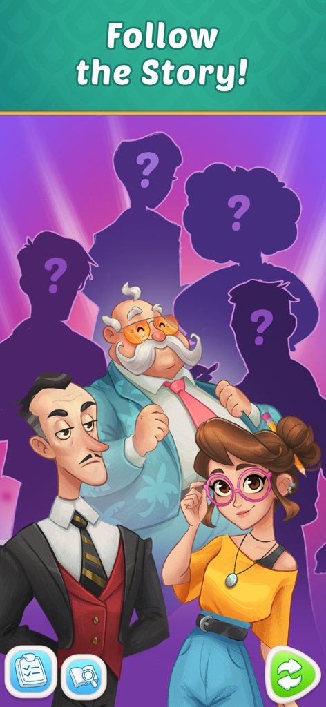 Mansion Tale: Merge Secrets - Cartoon characters and mysterious silhouettes in the Mansion Tale Merge Secrets mobile game