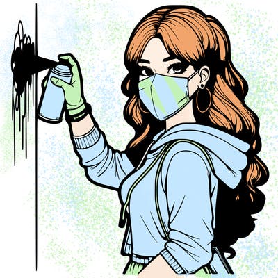 realistic girl with mask spray painting a wall