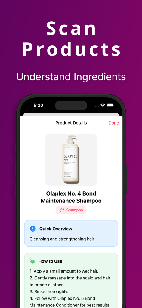Curly Hair Scanner & Care Plan - Mobile app screen showing hair product ingredient analysis and usage instructions for curly hair care