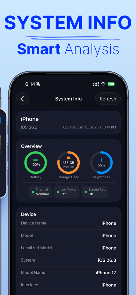 ClearMind:Photo Boost Cleaner - Pantalla de información del sistema de la app ClearMind mostrando el uso del almacenamiento del iPhone y medidores de estado de la batería