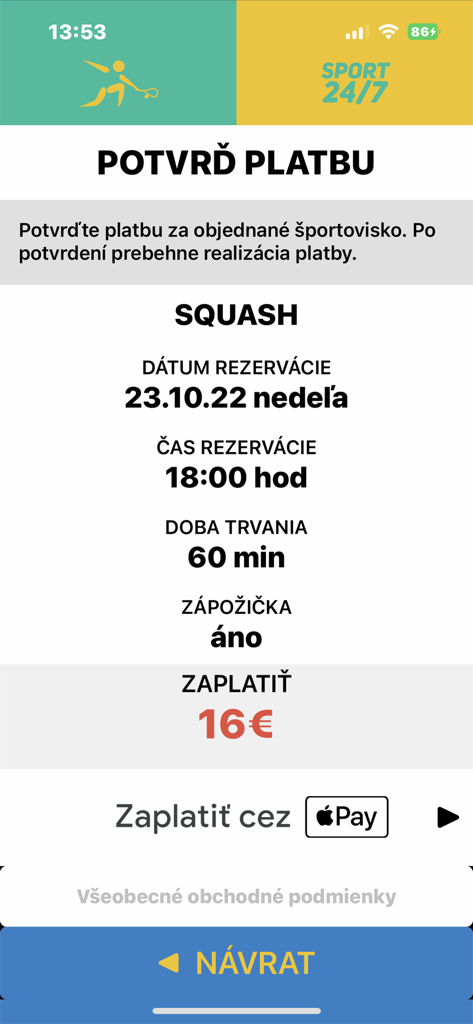 247sport - 247sport app payment confirmation screen for a squash court reservation with Apple Pay