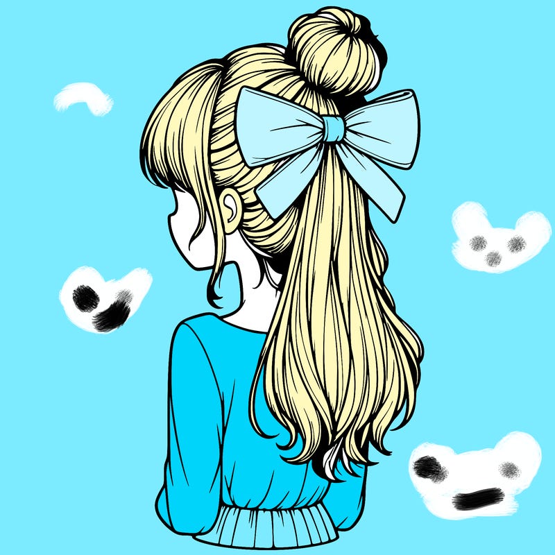 realistic girl  with hip length hair a bun and a big bow on the back of head