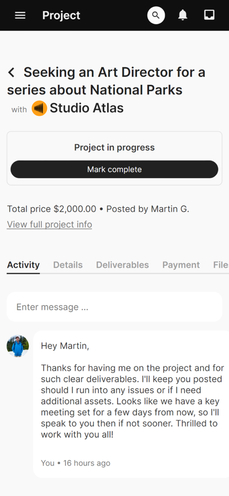 Glimmer.io - Mobile app interface showing project management and communication for a freelance art director job