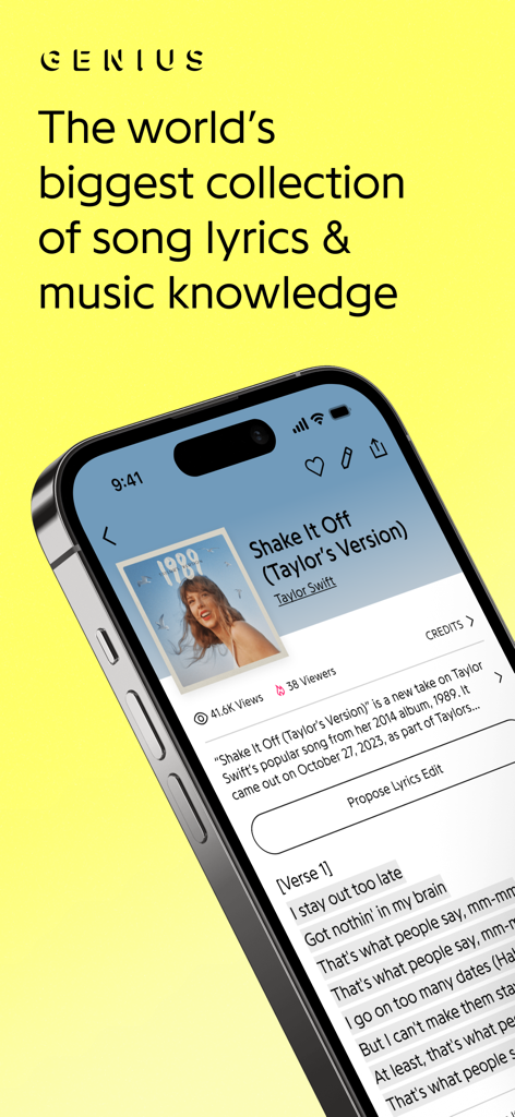 Genius: Song Lyrics Finder - Smartphone mostrando letras de canciones de Taylor Swift en la aplicación Genius