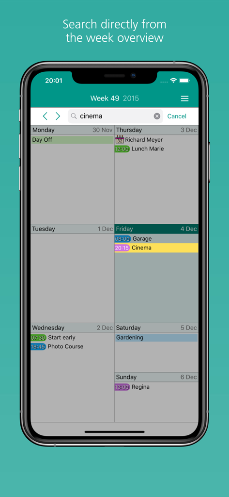 A screenshot of the Easy Calendar app showing a search function within a weekly view layout on an iPhone.