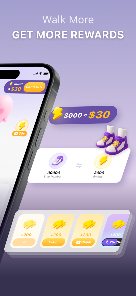 WalkPay: Walk & Earn Rewards - Interface de l'application mobile WalkPay montrant la conversion des pas en énergie et en récompenses en espèces sur fond violet