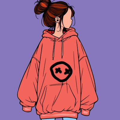 realistic girl with a oversized sweatshirt on and a bun