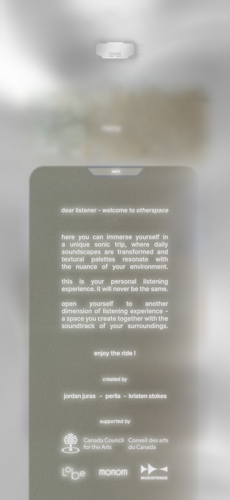 otherspace - The info screen of the otherspace app displaying a welcome message and the names of its creators and supporters.