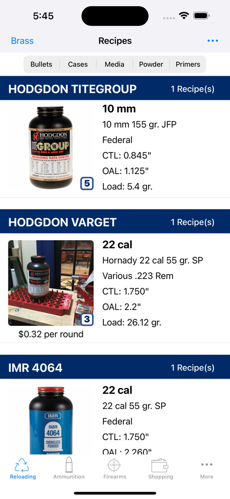 ReLOADeD (Ammo) - A list of ammunition reloading recipes showing detailed load data and powder types in the ReLOADeD app