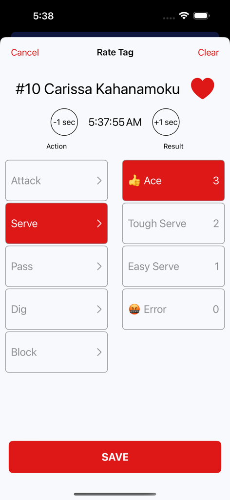 Interface for tagging and rating a volleyball player's actions and performance in the FlipsCored app.