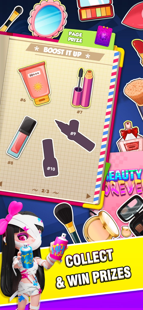 Captura de pantalla de la aplicación Jewel Party mostrando un álbum de pegatinas con temática de maquillaje con el texto colecciona y gana premios