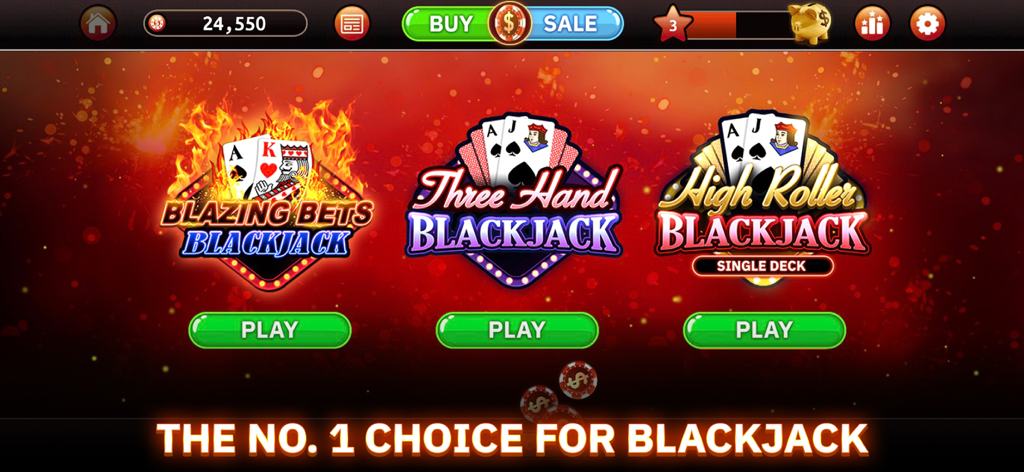 Main game selection menu for Blazing Bets Blackjack 21 showing three different blackjack modes.