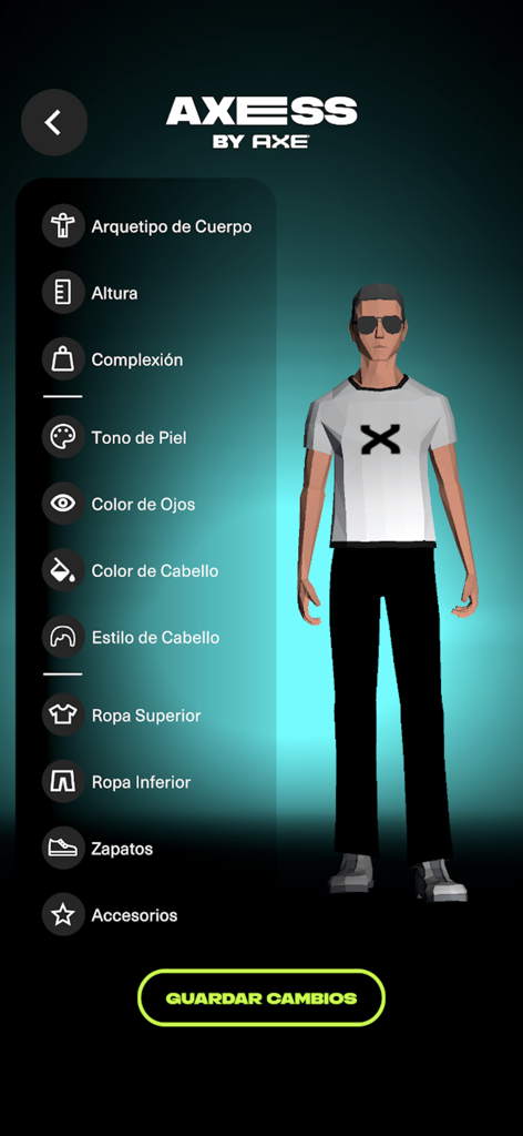 Avatar customization screen in the AXESS by AXE app showing character editing options for body type height and clothing