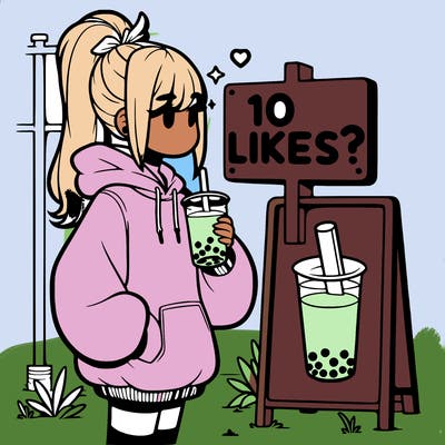girl with oversized hoodie drinking boba and she has a high ponytail with a sign that says 10likes?
