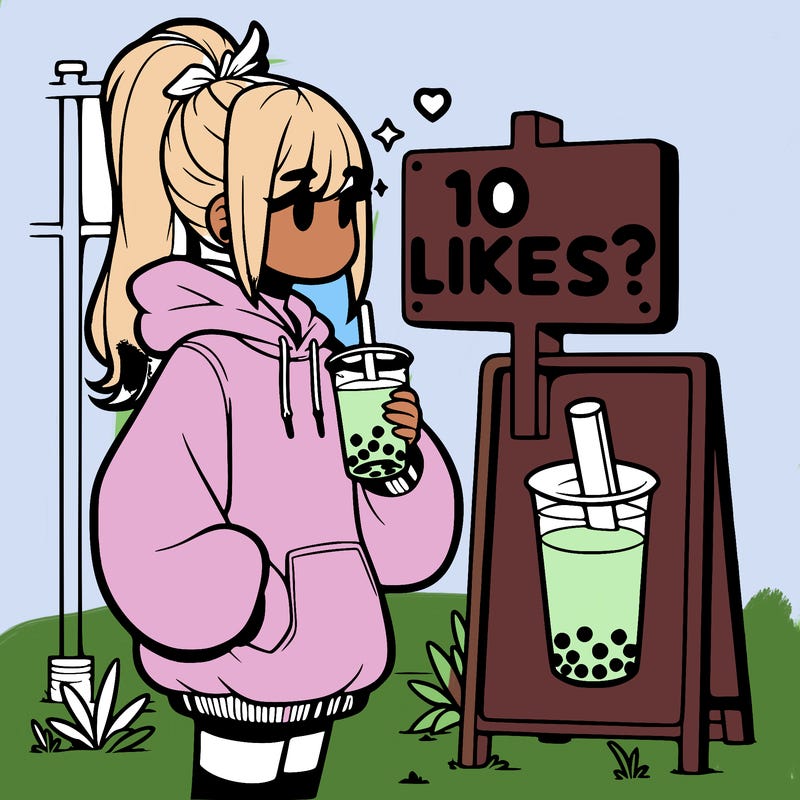 girl with oversized hoodie drinking boba and she has a high ponytail with a sign that says 10likes?