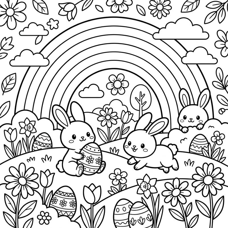 Celebrate Easter with this charming coloring page, showcasing three playful bunnies amidst a field of spring blossoms and hidden decorated eggs. A beautiful rainbow arches overhead, promising a delightful coloring experience for all ages.