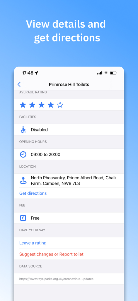 Interface de l'application Toilets4London montrant les horaires d'ouverture, l'accessibilité et l'emplacement des toilettes publiques de Primrose Hill