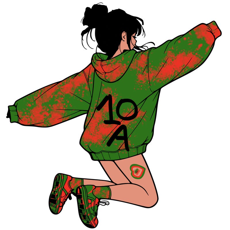 realistic girl jumping with a bun and oversized sweatshirt