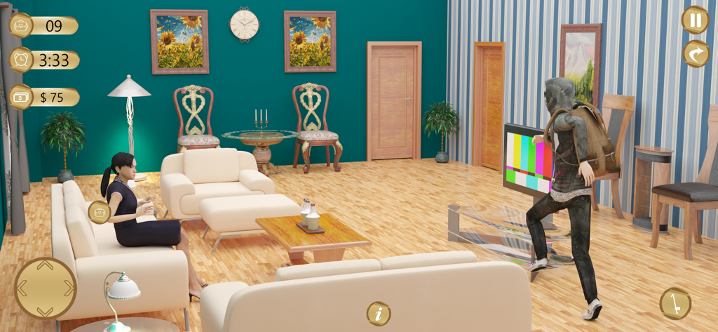 Thief Robbery Simulator Games - Un ladrón con una mochila escabulléndose detrás de una mujer sentada en un sofá durante una misión de robo de casas