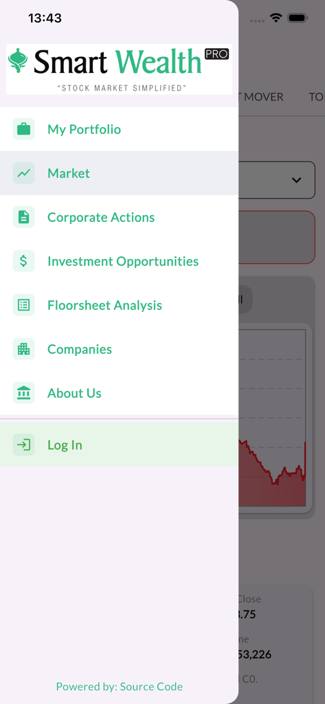 Smart Wealth Pro - Sidebar menu of the Smart Wealth Pro app featuring portfolio and market analysis tools