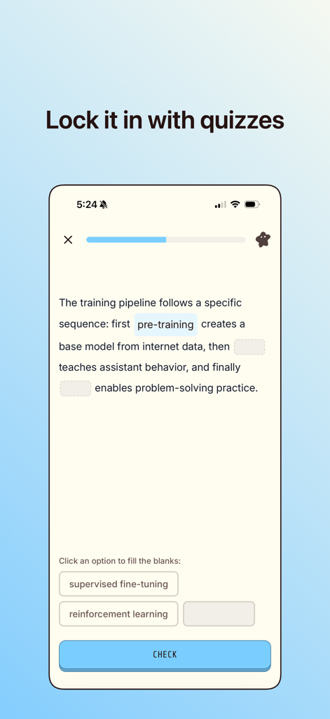 Wondering - Learn Anything - Un'interfaccia di quiz a completamento di spazi vuoti nell'app Wondering intitolata 'Bloccalo con i quiz' che mostra una lezione sulle pipeline di addestramento dell'IA.