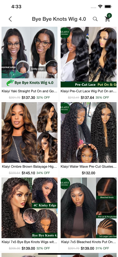 Klaiyi - Product catalog of human hair wigs in the Klaiyi mobile app featuring various styles and prices