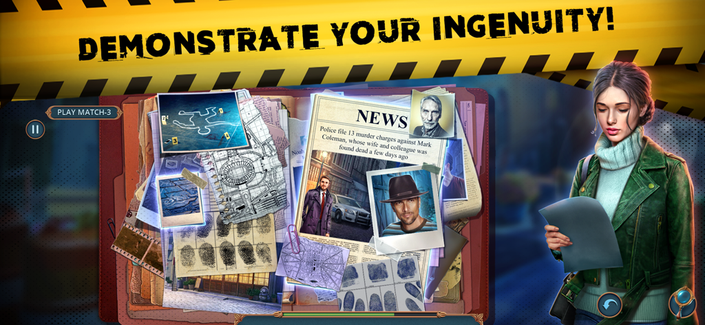A detective examines a folder filled with crime scene photos, fingerprints, and newspaper clippings in a mystery game.