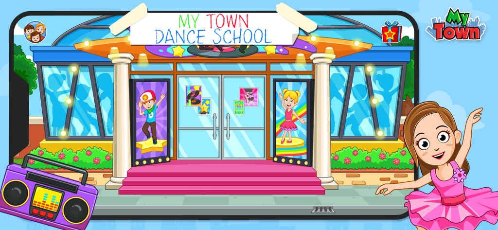 Vista esterna dell'edificio My Town Dance School con una bambina ballerina in tutù rosa e un boombox viola