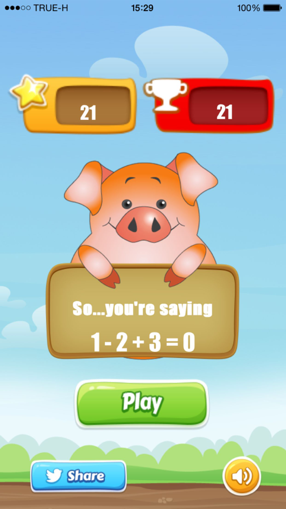 Kids math games - A cute cartoon pig holding a sign with a math equation on the main menu of the Kids math games app