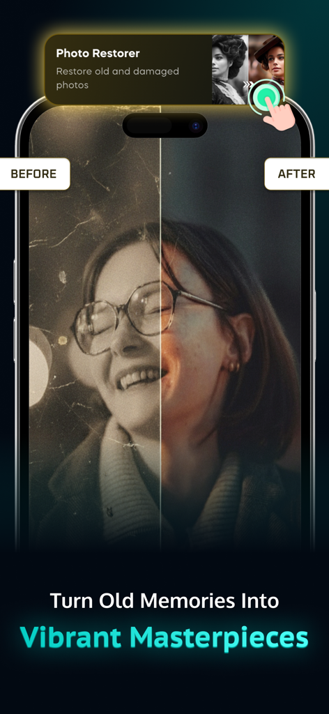 AI Image Generator - AI Tools - Una pantalla dividida que muestra una comparación antes y después de una foto antigua dañada siendo restaurada a una imagen clara y vibrante usando herramientas IA.