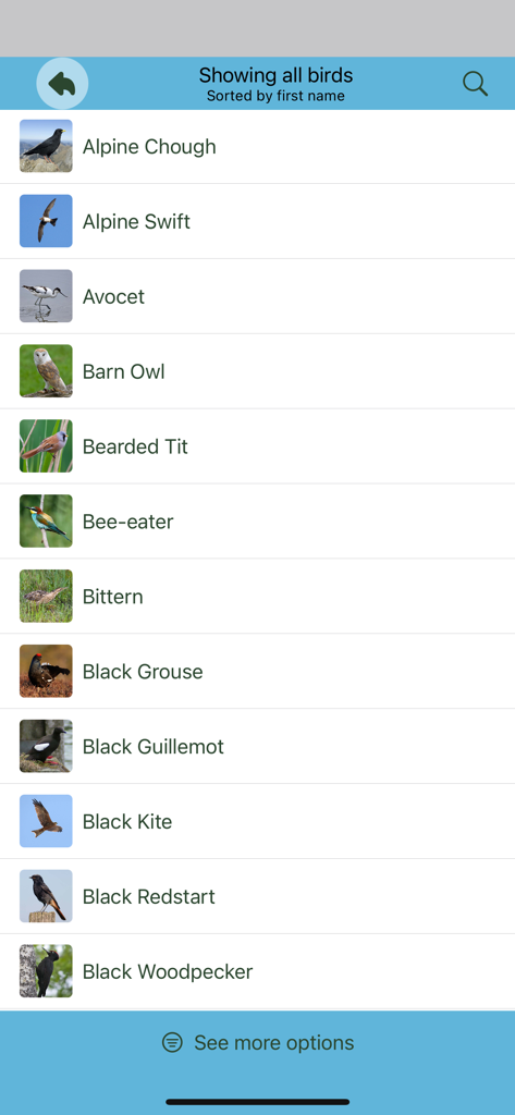 A list of European birds sorted alphabetically in the Chirp app