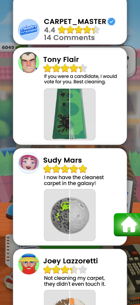 In-game social feed displaying customer reviews and carpet cleaning results