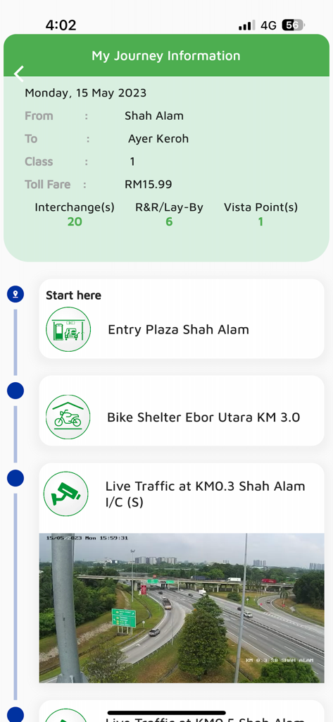 PLUS App (Official) - Pantalla de información del viaje de la App PLUS que muestra los detalles de la ruta de viaje y una transmisión de cámara de tráfico en vivo.