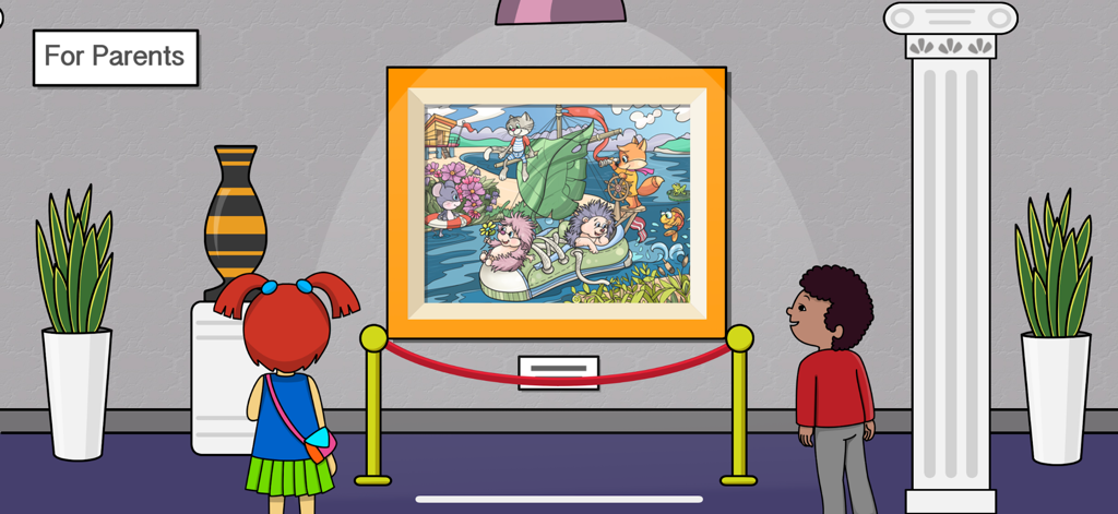 Hidden Object Puzzles For Kids - Two children in a digital art gallery looking at a framed hidden object puzzle featuring animals.