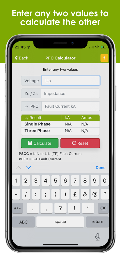 Interface of the PFC Calculator app showing input fields for voltage and impedance on an iPhone