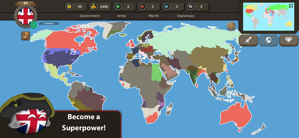 Countryballs at War - A world strategy map in Countryballs at War featuring the UK countryball and various colored nations