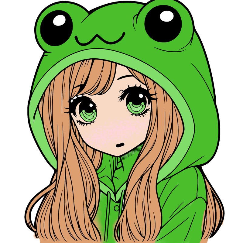 a pretty girl wearing a frog hoodie portrait with long hair